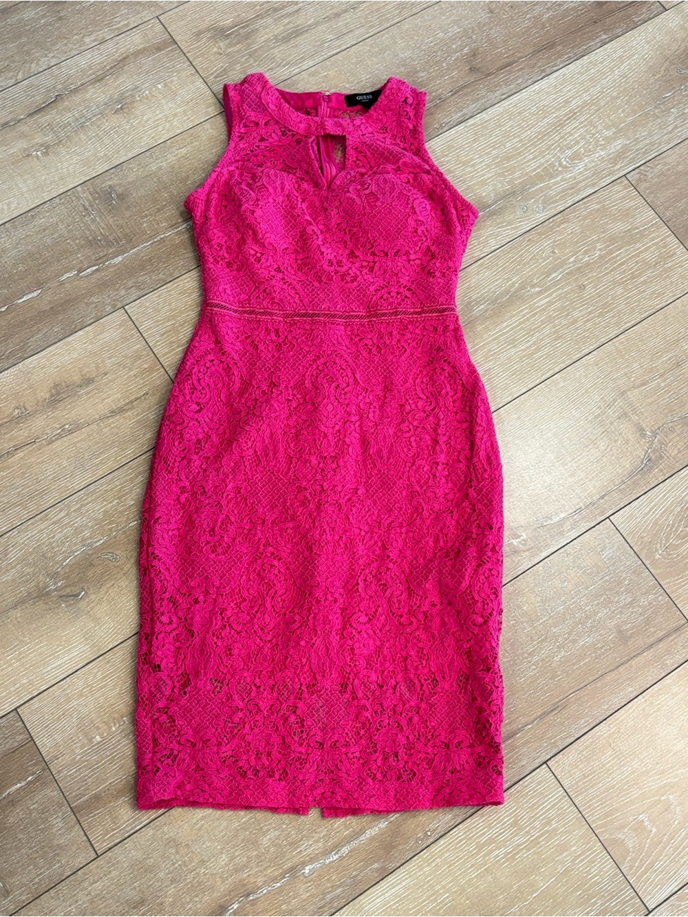 Guess Hot Pink Lace keyhole Bodycon Midi Dress Size 6 Cocktail - Picture 3 of 9